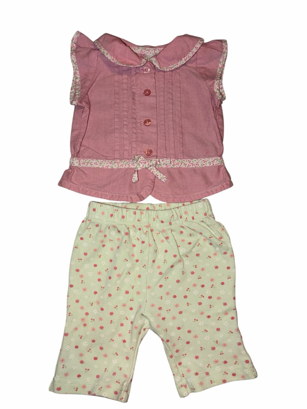 Vintage Y2K Green Strawberry Pull-on Pant Baby Gap Peplum Pink Tee Newborn Prep